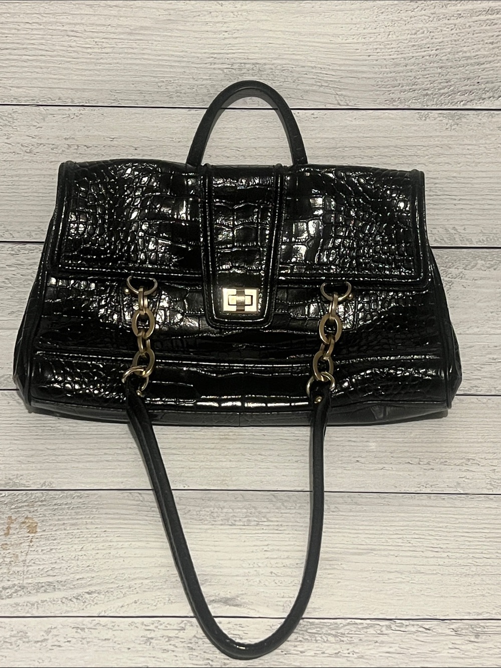 Paradox Leather Brand Black Croc-Embossed Women’s Shoulder Bag